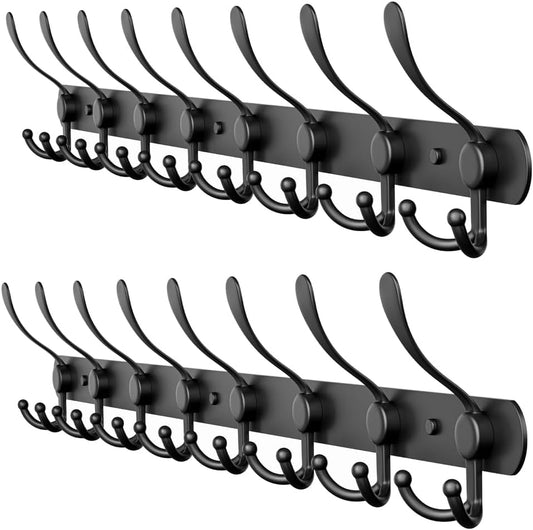 Coat Rack Wall Mount with 8 Tri Hooks, Stainless Steel 24 Inch – Black Matte Finish, Heavy Duty Wall Mounted Hook Rack for Coats, Hats, Towels, Scarfs, Robes, Bags, Entryway & Bathroom - 2 Pack