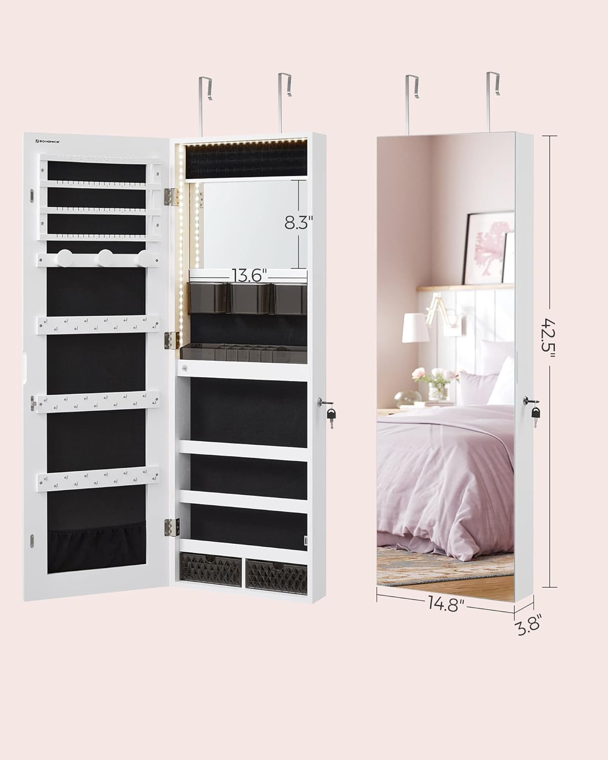 SONGMICS Mirror Jewelry Cabinet Armoire Organizer, Wall or Door Mount Storage Cabinet with Full-Length Frameless Lighted Mirror, Built-in Makeup Mirror, 2 Drawers, Lockable, Christmas Gift, White