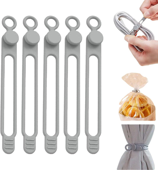 Data Cable Organizer, Silicone Cable Ties Reusable - Elastic Cord Organizer for Electronics, Adjustable Wire Ties for Cable Management,Computer Wires,Phone Charger,Earphone,Home Office (Gray, 5PCS)