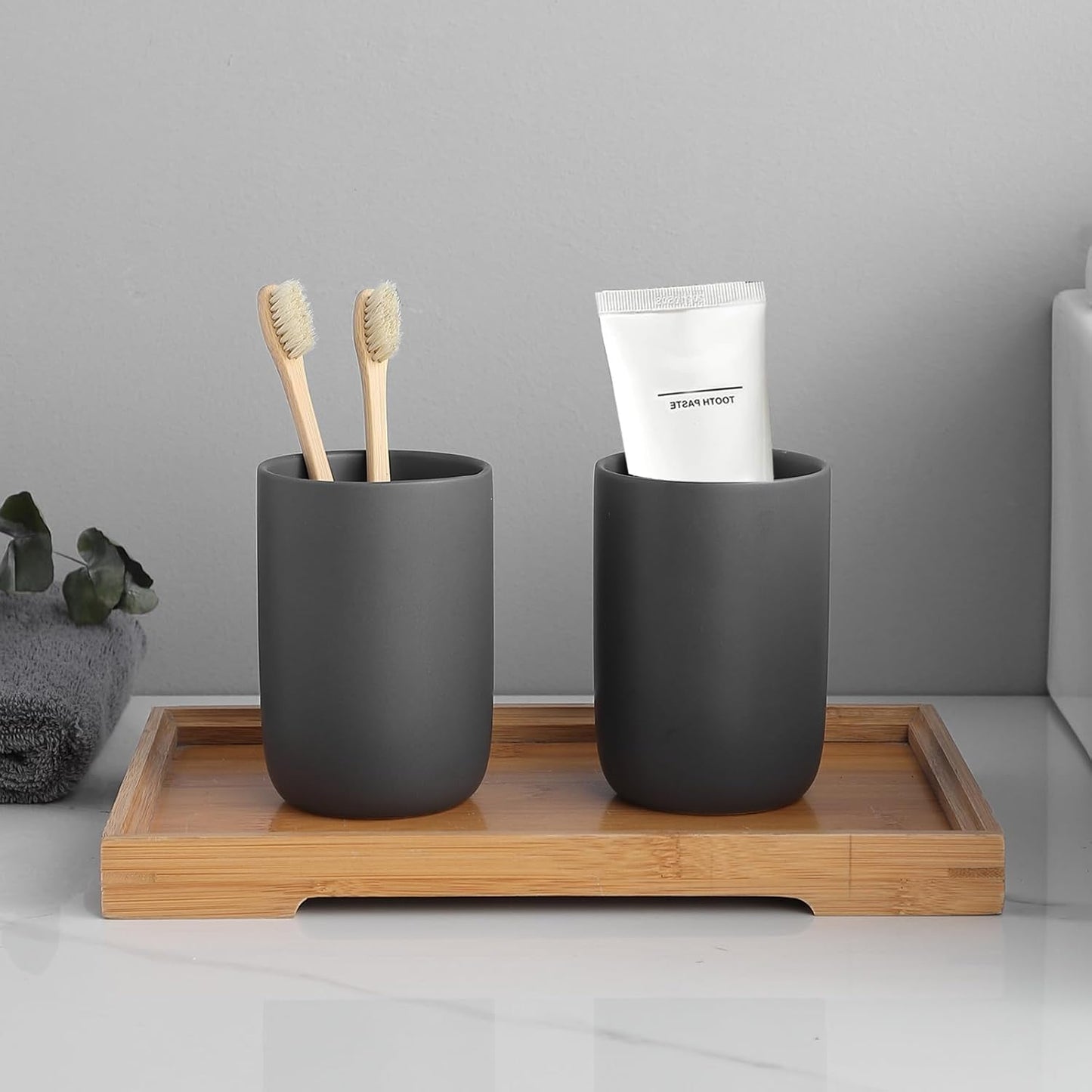 Matte Grey Toothbrush Holders for Bathrooms - Ceramic Toothbrush Toothpaste Holders Set, Grey Bathroom Tumbler Cups Reusable Toothbrush Cup, Counter Organizer