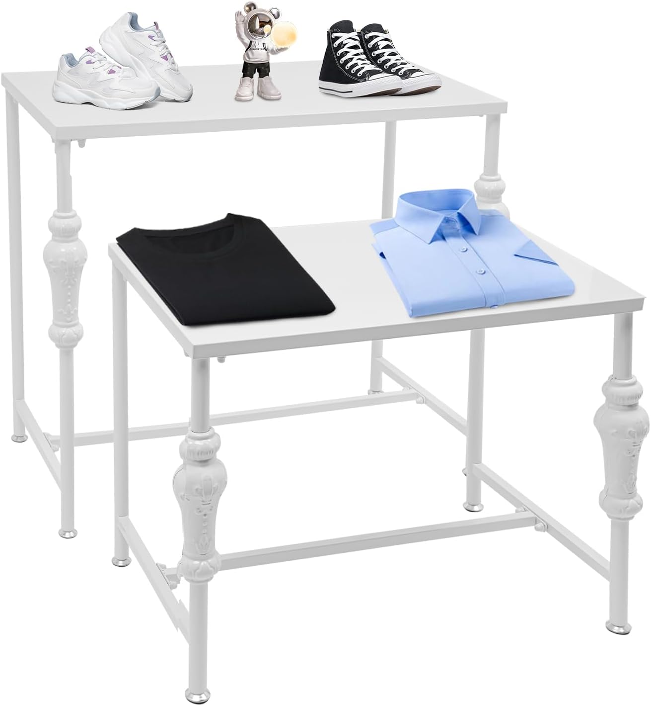 2Pcs Retail Display Tables, Shoe Handbag Display Stand Nesting Tables Set Heavy Duty Purse Display Risers for Home Boutique Retail Store (White)