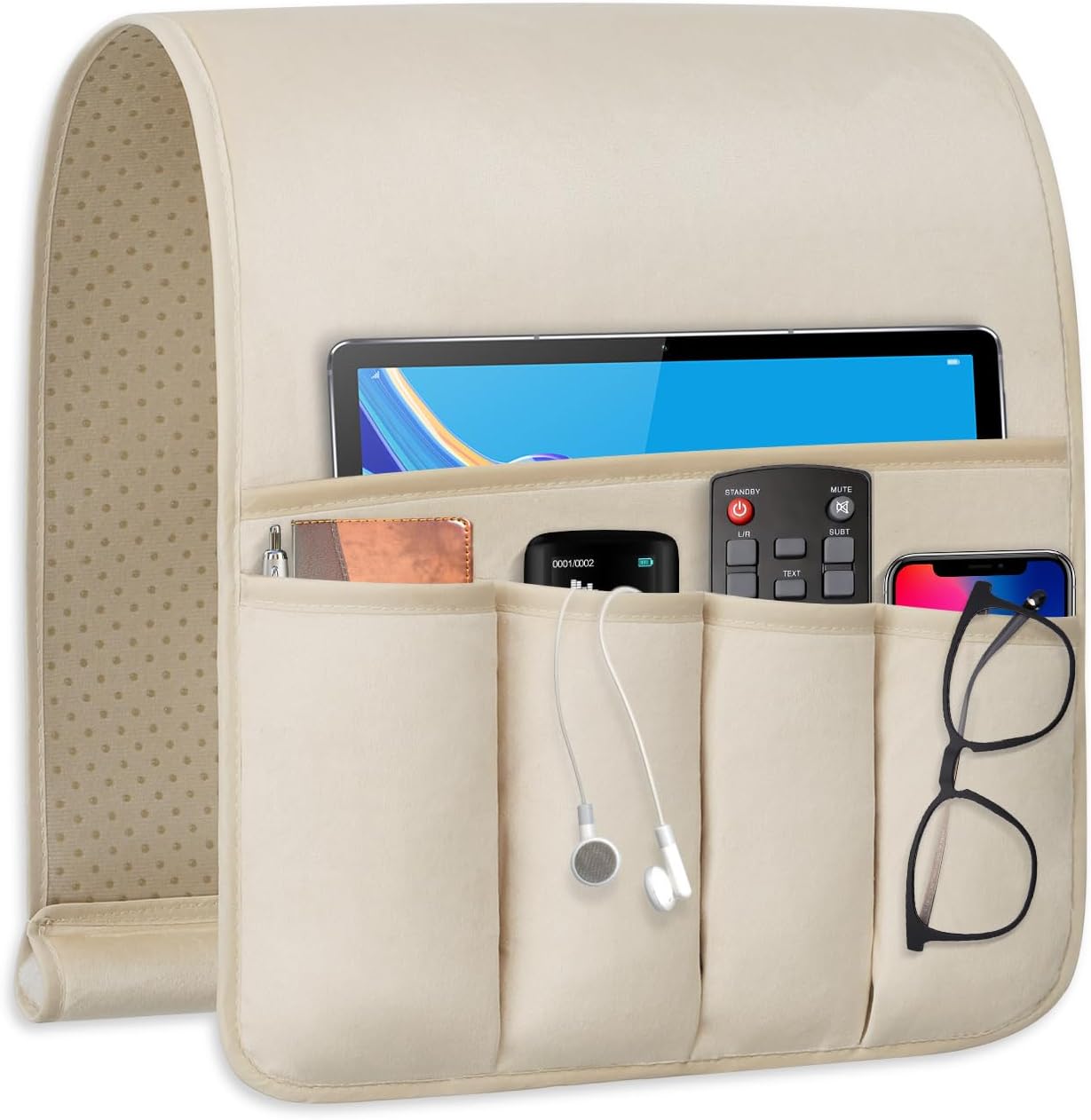 TV Remote Control Holder Couch Caddy, Non-slip Bedside Caddy Organizer with 5 Pockets for Key Glasses Phone Magazine Holders (Beige, 35"x12.4")