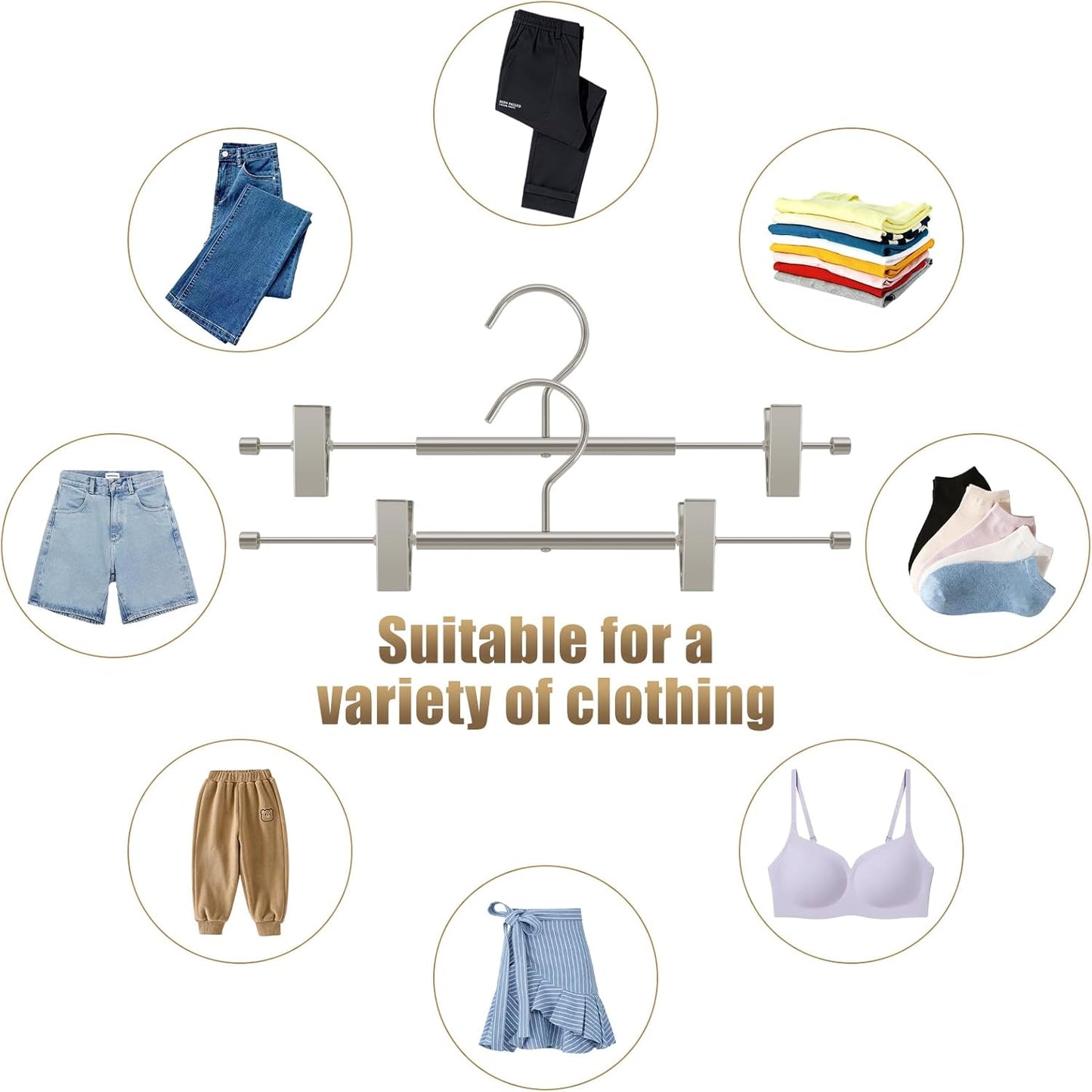 VWV 20-Pack Adjustable Women's Skirt and Pants Hangers, Durable, Space-Saving, Suitable for Jeans, Shorts, Underwear, Sports Bras (Matte Pearl Nickel
