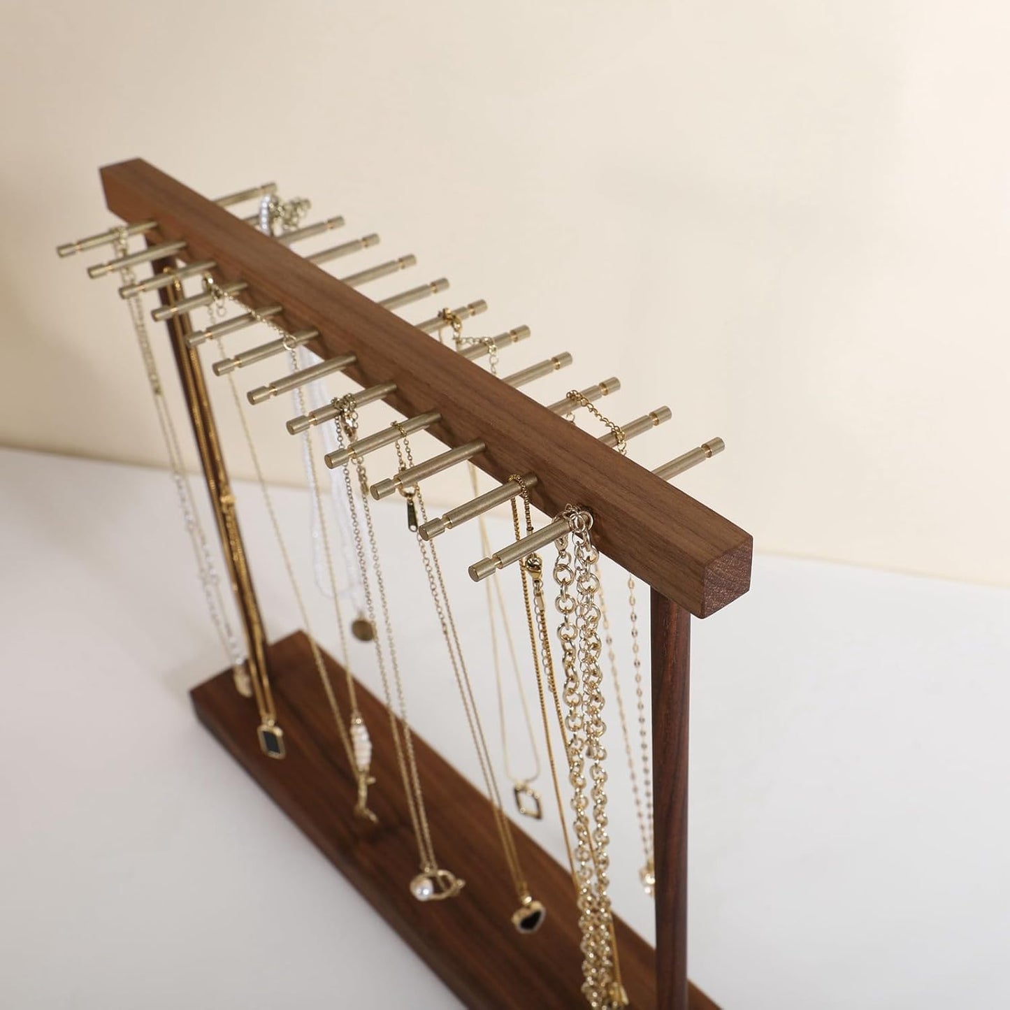 GemeShou Medium necklace hanger shelf with 12 copper bars, Wooden jewelry storage organizer rack for hanger necklace bracelet, necklace display stand for boutique store【Walnut】
