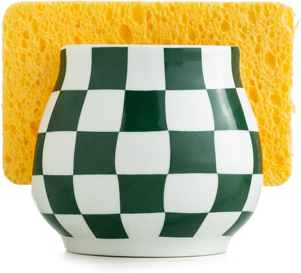Kitchen Sponge Holder, Ceramic Sponge Organizer Checkered Scrubby Holder Sink Caddy Scrub Dish Rack for Kitchen, Bathroom, Sink, Christmas Decor, Green and White