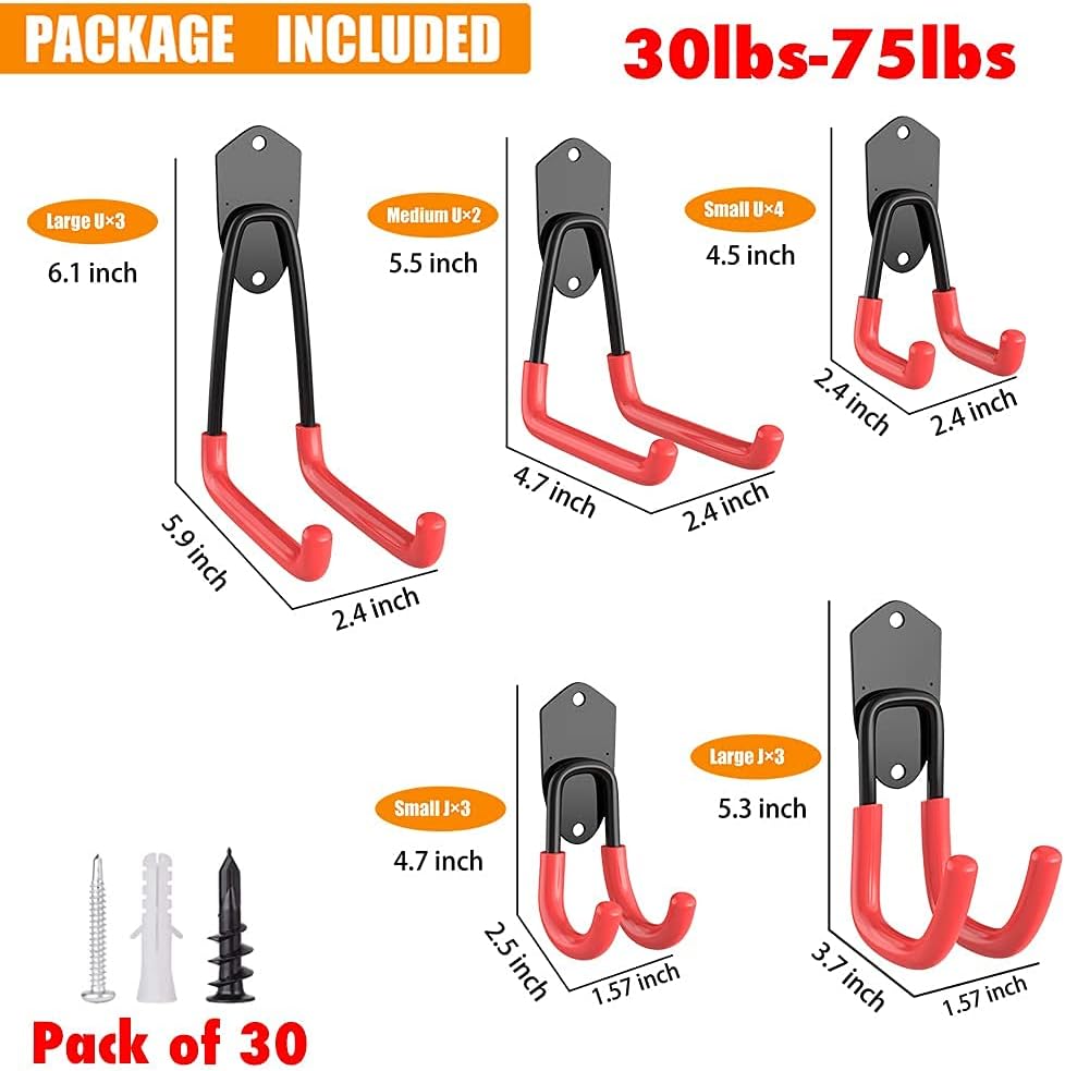 TORACK Garage Hooks Heavy Duty, 15 Pack Wall Mount Steel Utility Hooks&Hangers, Anti-Slip Rubber Coated, Garage Storage Organizer for Garden Tools, Power Tools, Ladders, Brooms, Bikes, Bulk Items