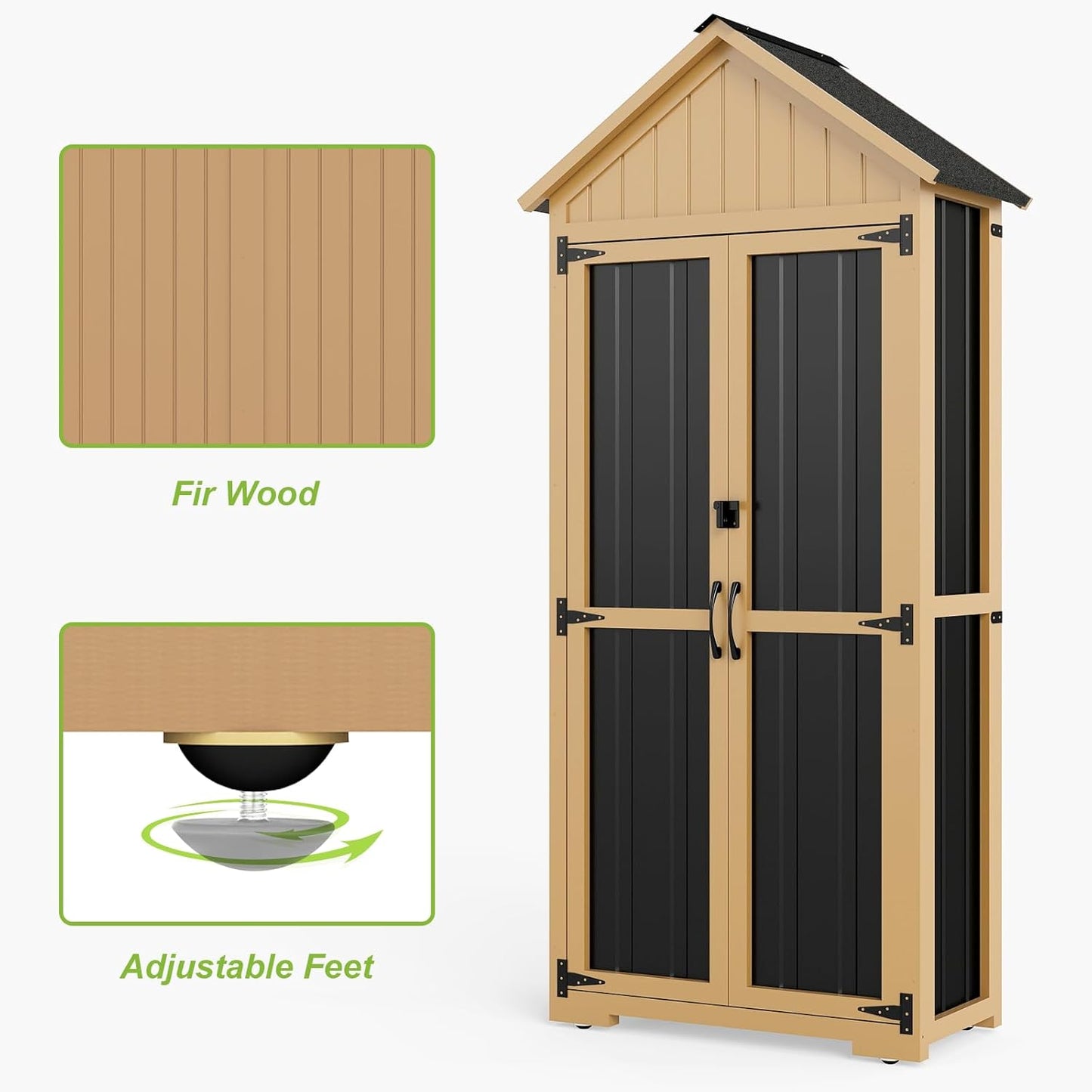 Outdoor Storage Cabinet with Shelf, Wood & Metal Storage Shed with Lockable Doors & Sloping Roof, Outdoor Cabinets for Patio Backyard, Garden Shed Tool Shed and Accessories, Brown