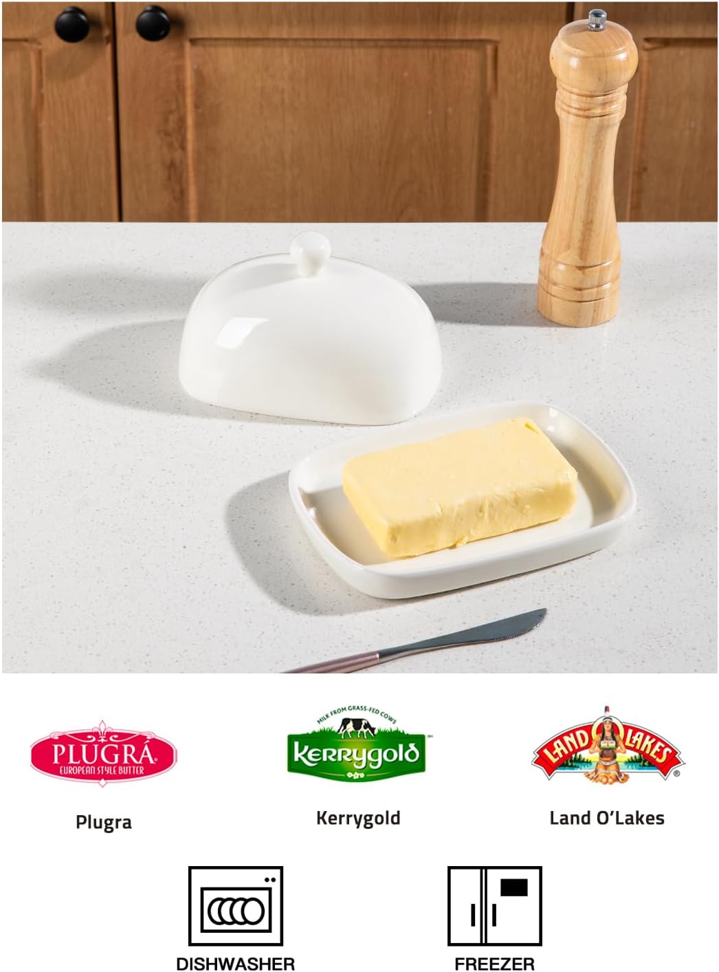 Sweejar Ceramic Butter Dish with Lid for Countertop,Porcelain Butter Keeper with Knob Handle,Butter Container for East/West Coast Butter, 7.3*4.1 inches (Beige)