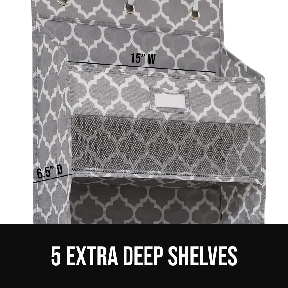 GORILLA GRIP Large Capacity Closet Organizer, 5 Deep Shelves, Holds 50lbs, Over the Door Organizers 6 Mesh Pockets, Shelf Storage for Clothes Crafts Essentials, 3 Metal Hooks, 58x15 Inches, Quatrefoil