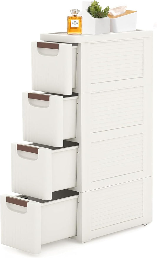 4 Drawers Slim Bathroom Storage Cabinet Dresser, Narrow Plastic Rolling Cart Organizer with Drawers, for Small Spaces, Kitchen, Laundry, Office, Bedroom, White