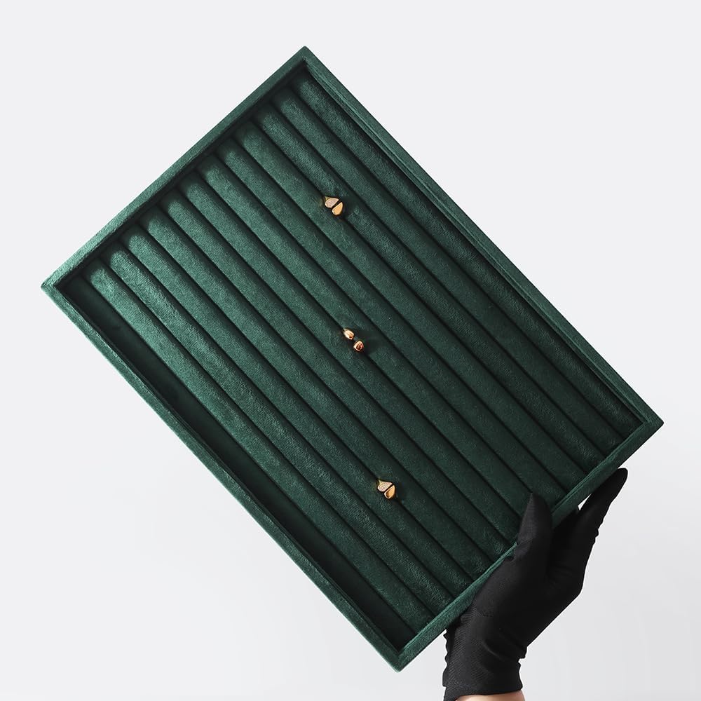 Velvet Ring Display Tray, Stackable Muilt Slot Rings Ear Stud Storage Tray, Drawer Insert Jewelry Accessories Organizers Plate (Green)