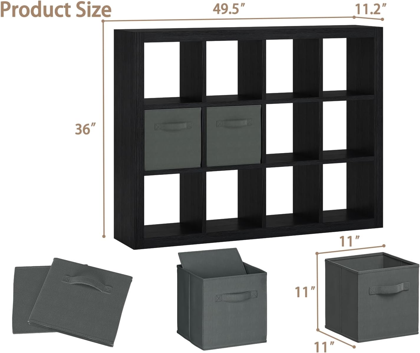 furtble Bookshelf with Storage Bin, 12-Cube Storage Organizer, Modern Wood Open Bookcase, Multifunctional Display Shelf for Living Room, Bedroom, Home Office, Black