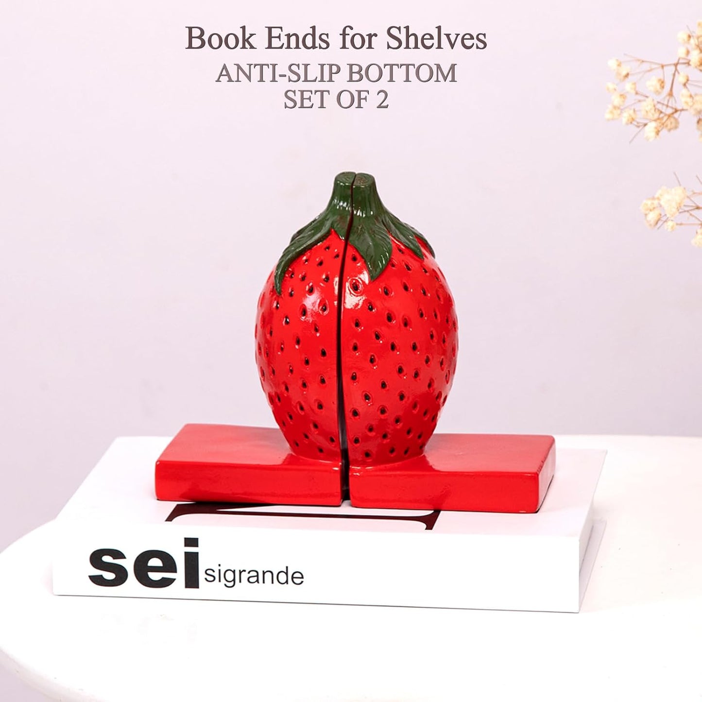 Strawberry Decorative Bookends, Resin Book Ends for Shelves with Cute Aesthetic Design, Bookshelf Decor for Home Office, Desk, Library, Book Holder for Heavy Books, Unique Gift, Set of 2