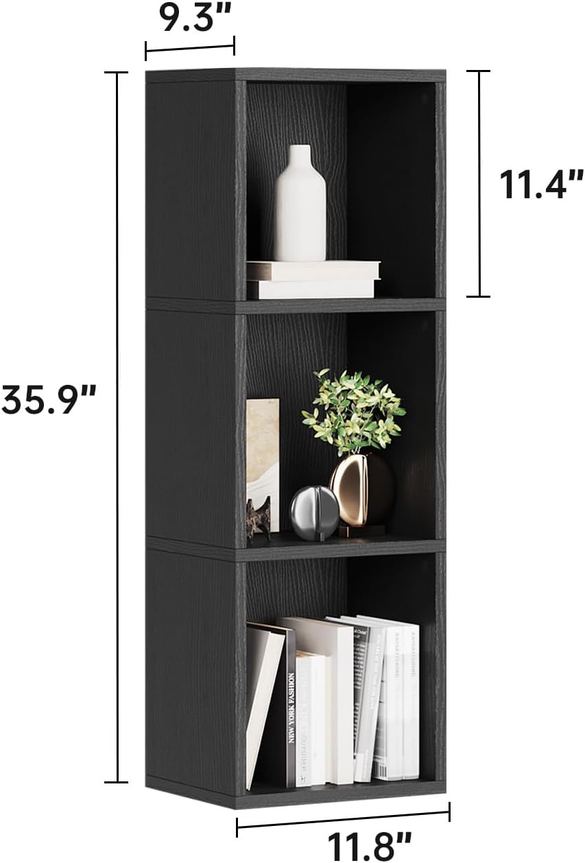 oneinmil Small Narrow Bookshelf, 3-Tier Cube Display Rack, Modern Corner Bookshelf with Storage Space, CD Storage Cabinet for Home Office (Black 1 Pack, 3-Tier)