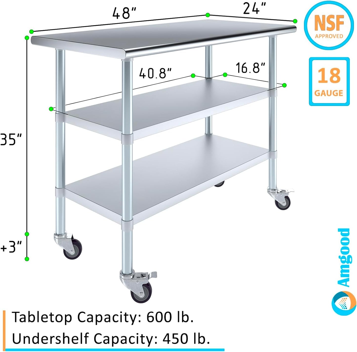 AmGood Stainless Steel Work Table with 2 Shelves and Casters | Metal Utility Table On Wheels (Stainless Steel Work Table with 2 Shelves + Casters, 48" Long x 24" Deep)