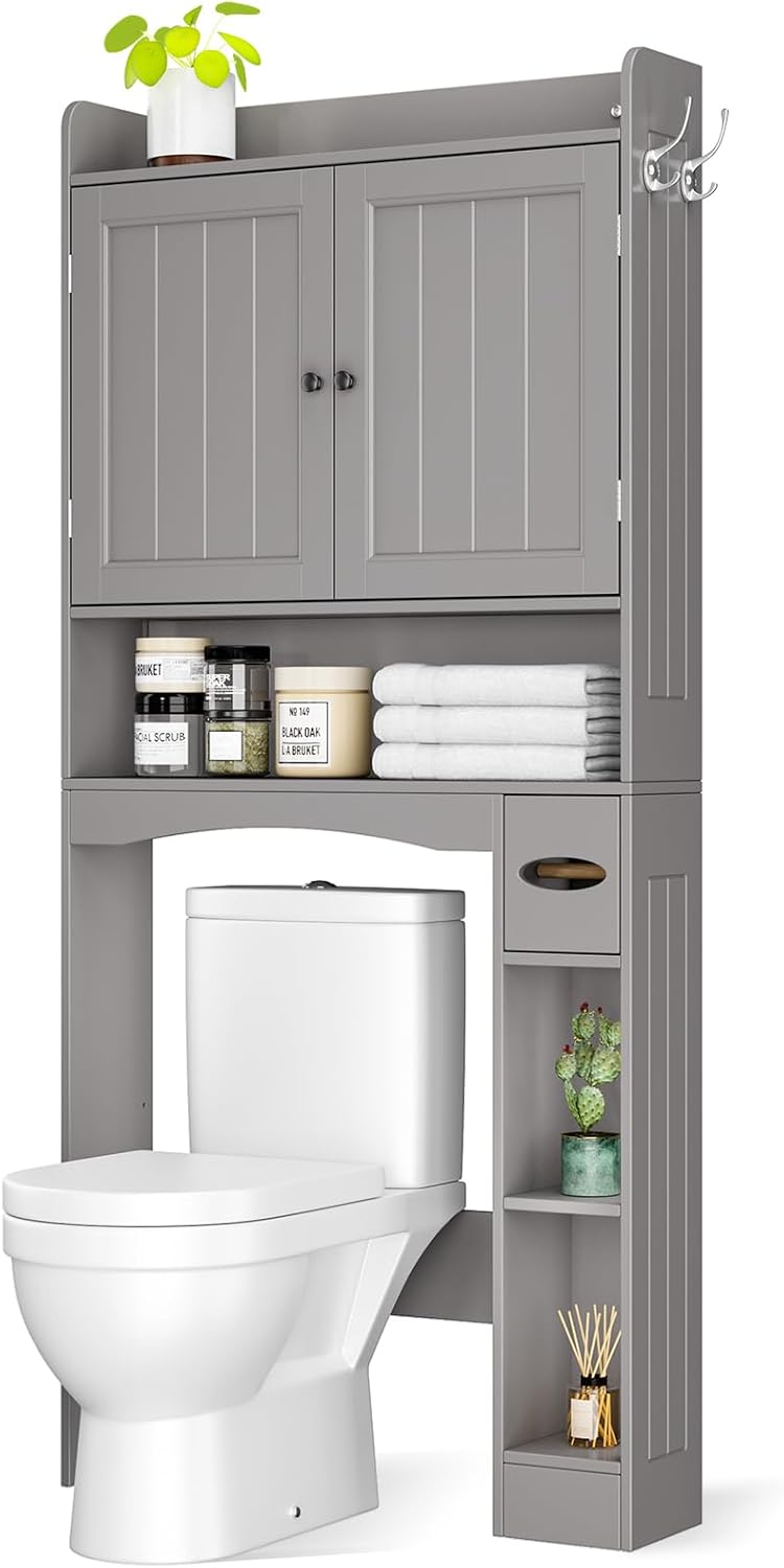 Ahomly Over The Toilet Storage Cabinet, 32.3" W Over Toilet Bathroom Organizer with Doors, Adjustable Shelves, Toilet Paper Holder, 2 Side Hooks, Space-Saver for Bathroom, Laundry, Grey