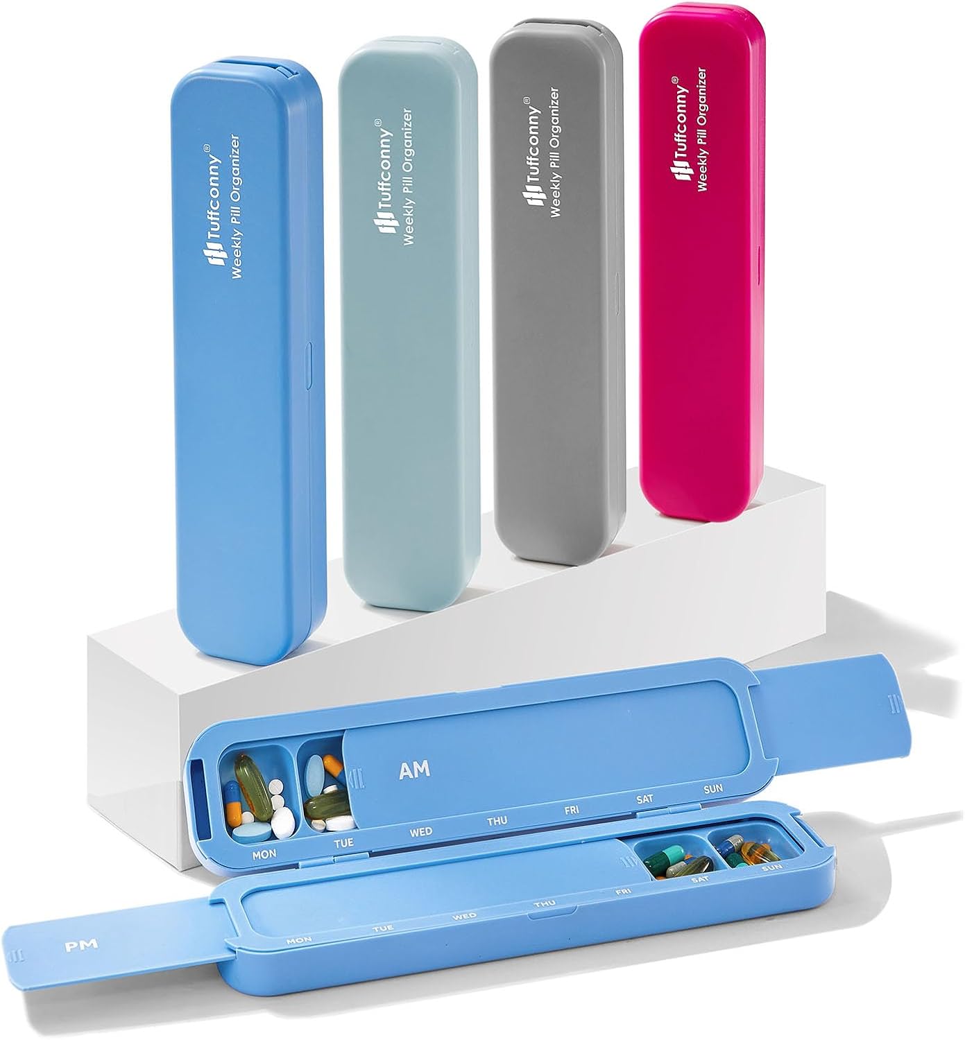 Weekly Pill Organizer - Travel Medicine Organizer, Pill Boxes and Organizer 2 Times a Day, 7 Day Pretty Pill Case, Pill Holder for Vitamins, Medicines and Tablets (Turquoise Blue)