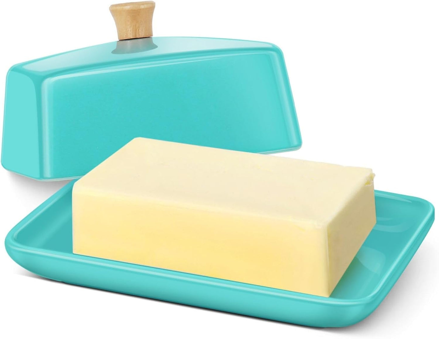 Flexzion Ceramic Blue European Butter Dish with Lid for Countertop (8 Inch) - Wide 2 Stick Double Butter Holder for Counter, Cream Cheese Container Storage Keeper