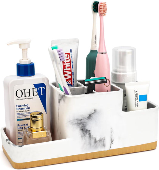 Toothbrush Holder for Bathrooms, Bathroom Organizer Countertop, Rectangle 5 Compartment Bathroom Accessories Storage for Toothpaste/Shaver and Other Items,White Resin of Marble Color (White)