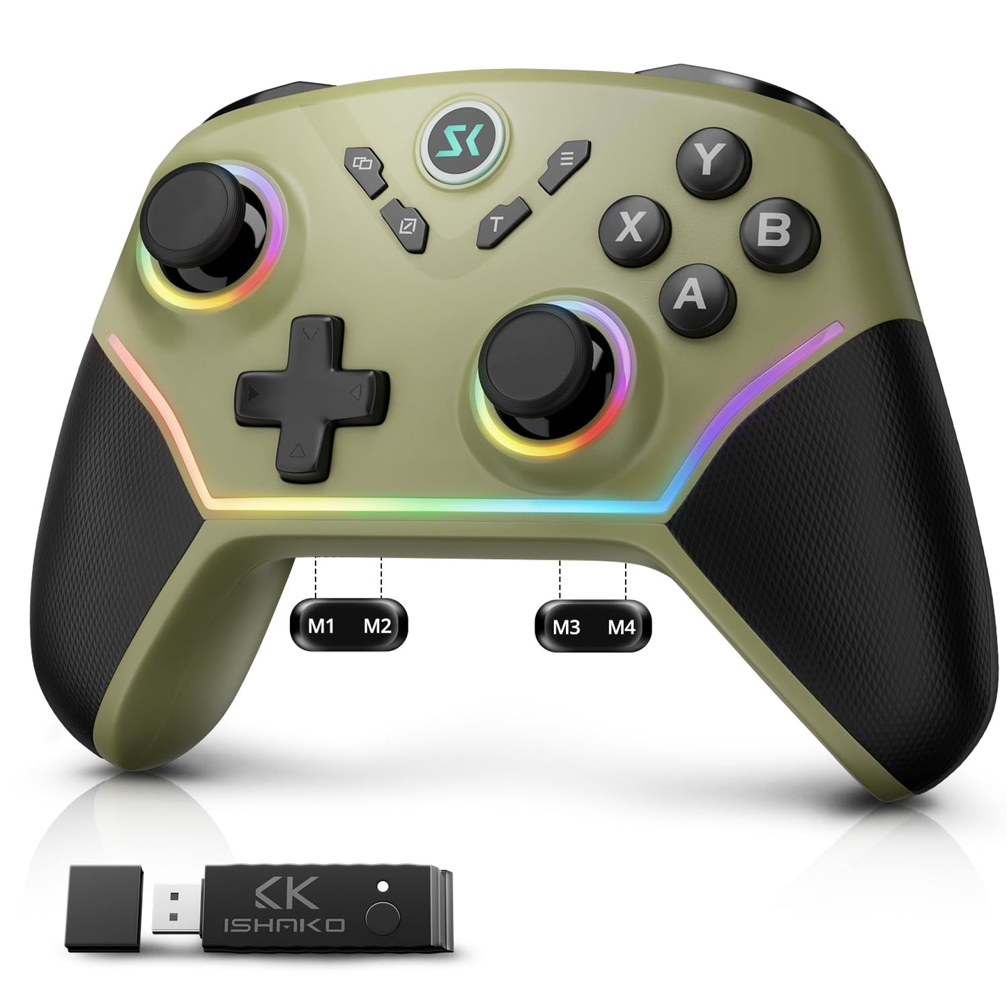ISHAKO Wireless Gaming Controller for PC – 1000hz Polling Rate Controller with Back Buttons, Hall Trigger/Joystick, Turbo, RGB Lights, Game controller Compatible with Windows/Laptop/Switch/iPhone/Android-Olive Green
