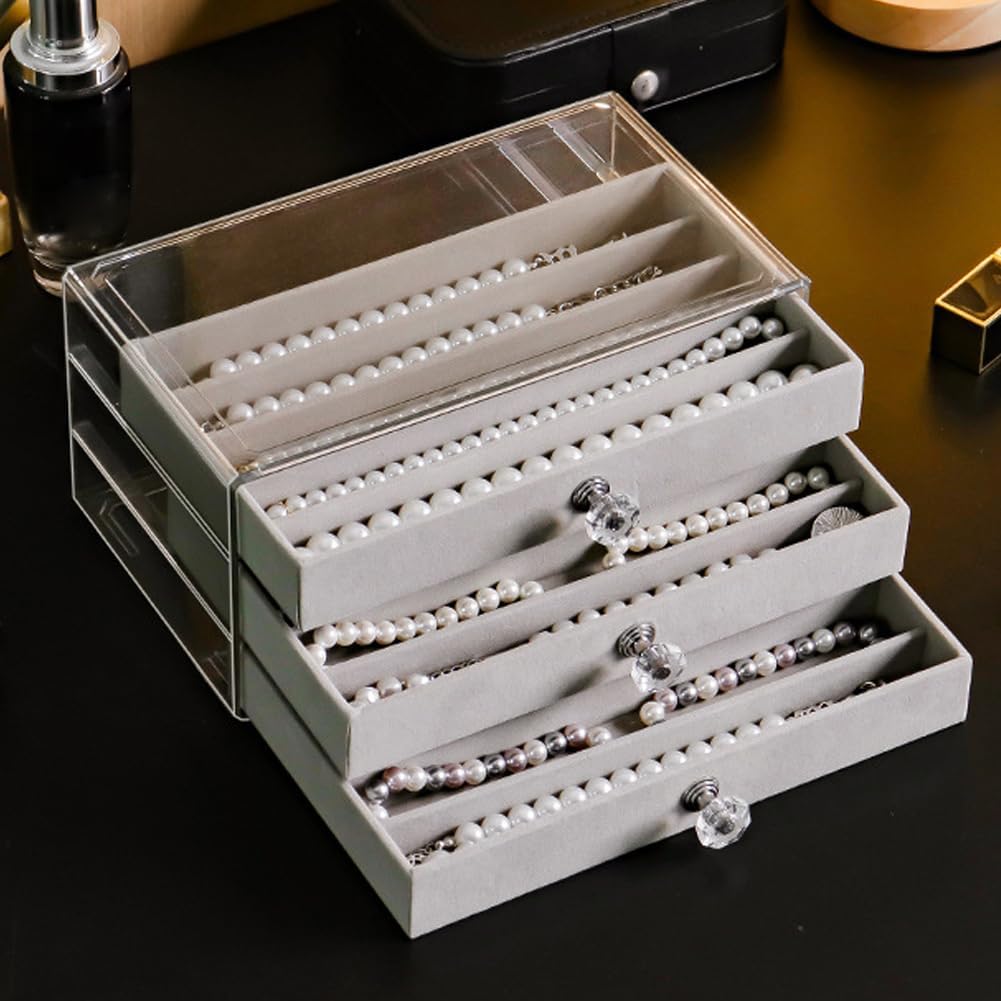 SPAKOWN Necklace Organizer Box, Velvet Necklace Box Holder Tray with Clear Lid Chains Showcase Stackable Necklace Storage for Pendant Bracelet (3 Drawers - Grey)