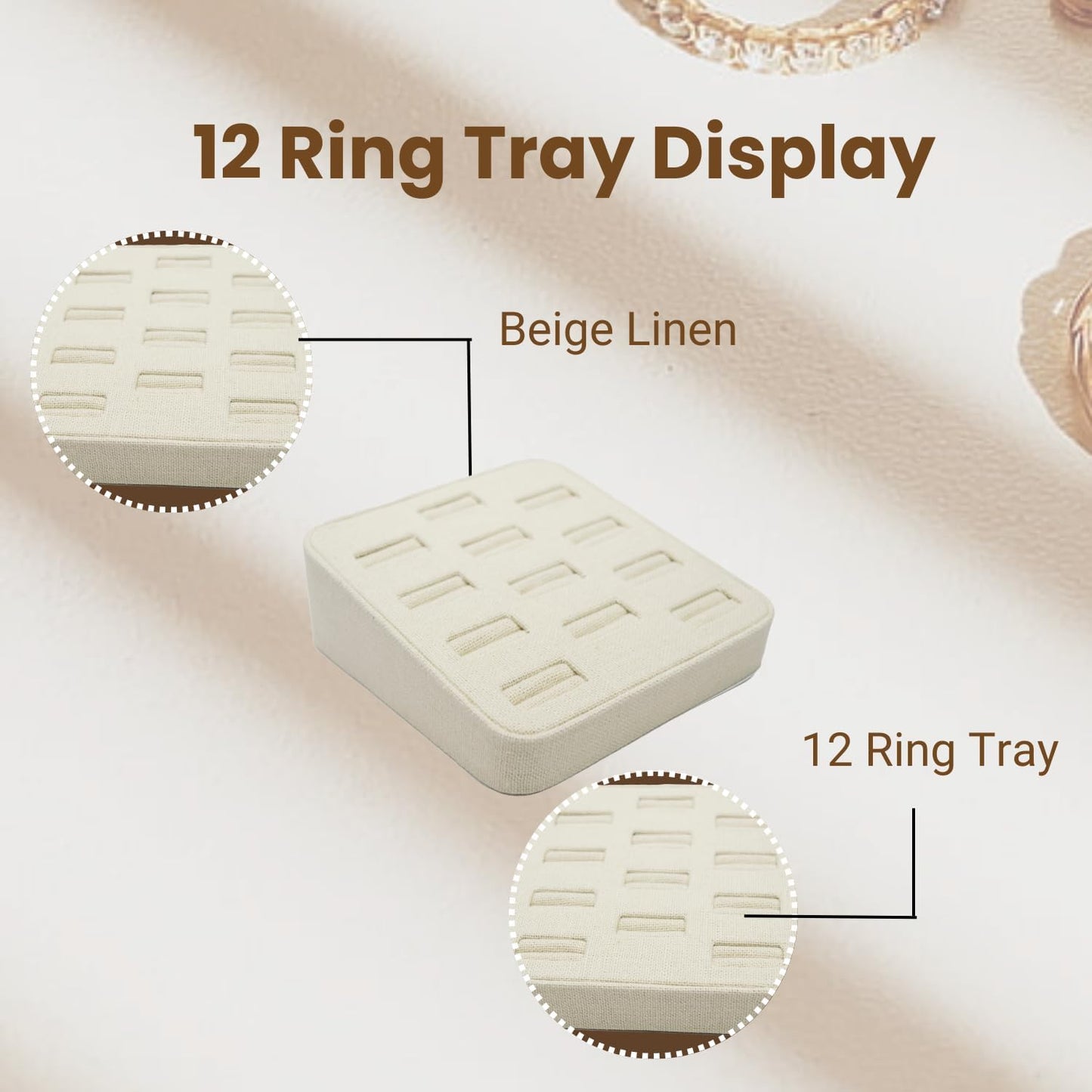 Novel Box 12-Slot Beige Linen Rings/Earrings/Cufflinks Holder Tray 5.75x5x2 Inches - Ring Holder Organizer for Selling or Personal Use - Jewelry Display Trays for Special Occasions