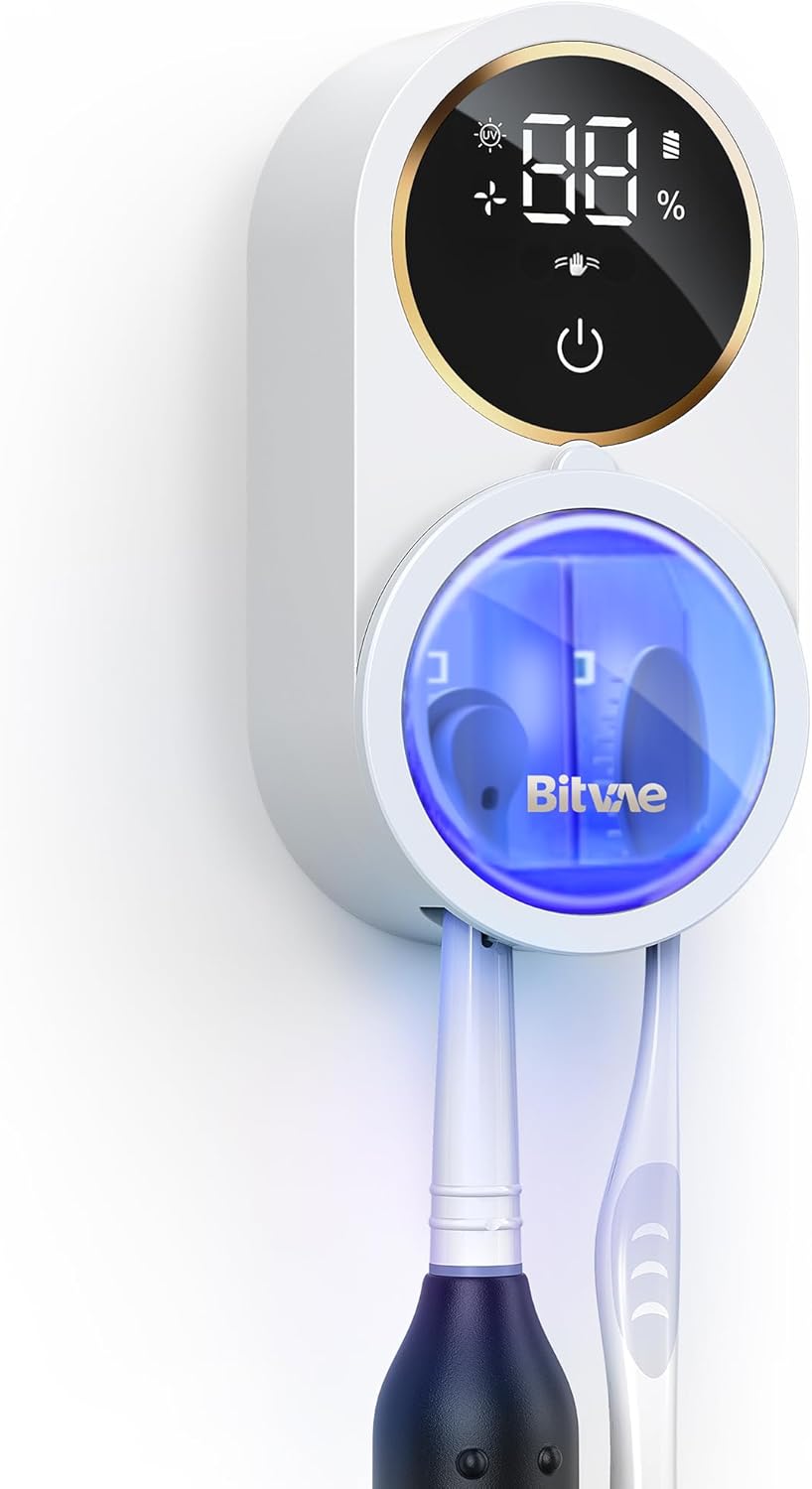 Bitvae Upgraded Tooth Brush Holder for Bathroom 2.0, Infrared Sensing Toothbrush Cleaner, Wall-Mounted for Most Size Toothbrushes, Air Drying, LED Smart Screen, White Gold Trim