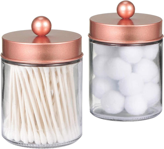 Amolliar Apothecary Jars Bathroom Storage Organizer -Countertop Storage Organizer Canister - Attractive Qtip Dispenser Holder Glass with Lid- for Cotton Swabs,Bath Salts,Hair Band / 2-Pack(Rose Gold)