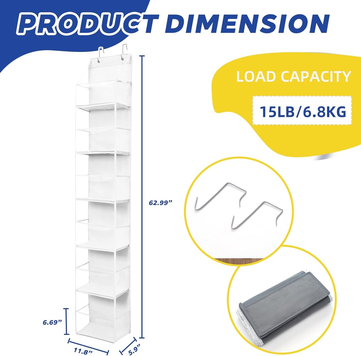 2 Packs Over The Door Organizer - 6-Shelf Hanging Storage Organizer with Clear Plastic Pockets - Large Capacity Pantry Storage Shelf for Bathroom, Bedroom, Nursery (White)
