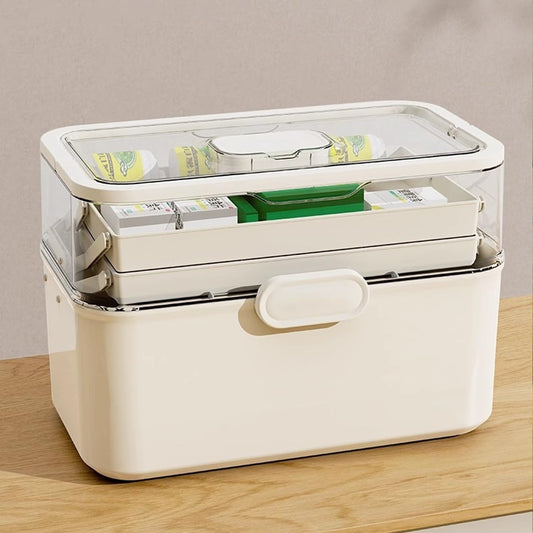3-Tier Portable Medicine Storage Box, Medical Organizer With Removable Small Medicine Box, Dustproof & Moisture-Proof, Family Size with Transparent Visual Design, Suitable for Home&Travel Use (White)