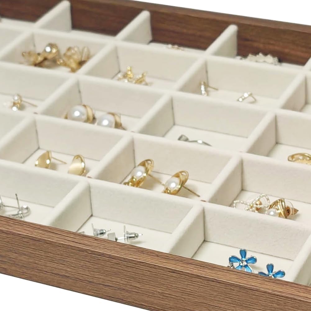 Large Jewelry Trays for Drawers Stackable Velvet Jewelry Display for Vendors Jewelry Drawer Organizer Inserts for Rings Necklace Bracelets Earrings and Studs Earrings (Beige, 30 Grid)