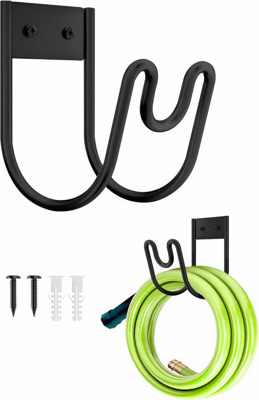 Metal Garden Hose Holder, Wall Mounted Water Hose Hanger, Solid Hose Hook for Garden Garage Water Hose/Extension Cords/Vacuum Lines (Black)
