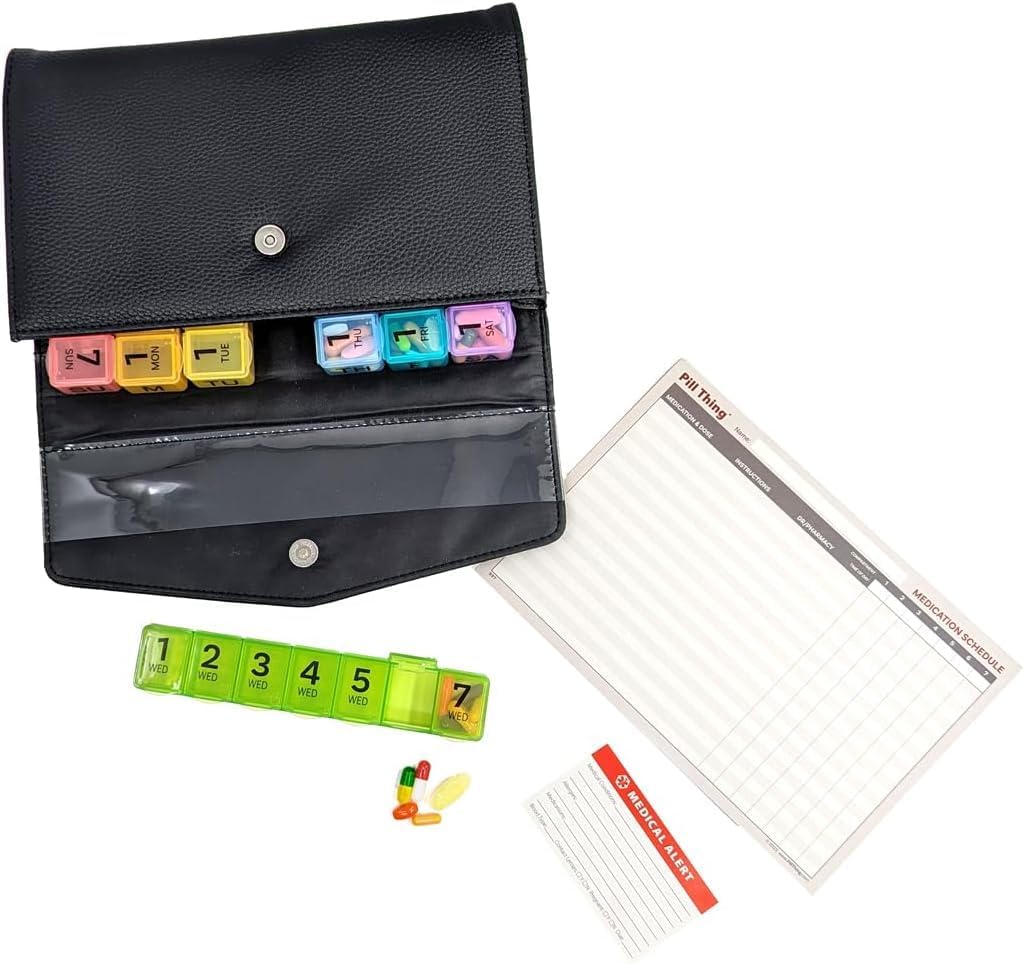 Weekly Pill Organizer Case, 7 Compartments, Pebble Grain Faux Leather, Magnetic Snap, Medication Schedule Card (7X a Day Weekly with Wallet)