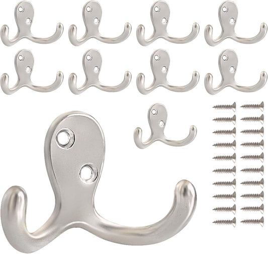 10 Pack Coat Hooks Wall Hooks for Hanging, Heavy Duty Double Prong Metal Hook Wall Mounted for Living Room, Bathroom, Kitchen, Bedroom for Coat, Bag, Scarf, Towel, Hat, Key, Cup (Silver)
