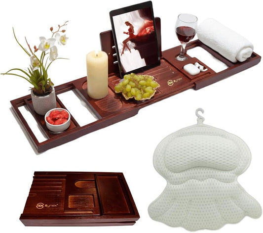 Bathtub Tray and Bath Pillow Set – Expandable Bamboo Bathtub Caddy with Phone & Wine Holder, Soft Bath Pillows for Tub & Head/Neck Support