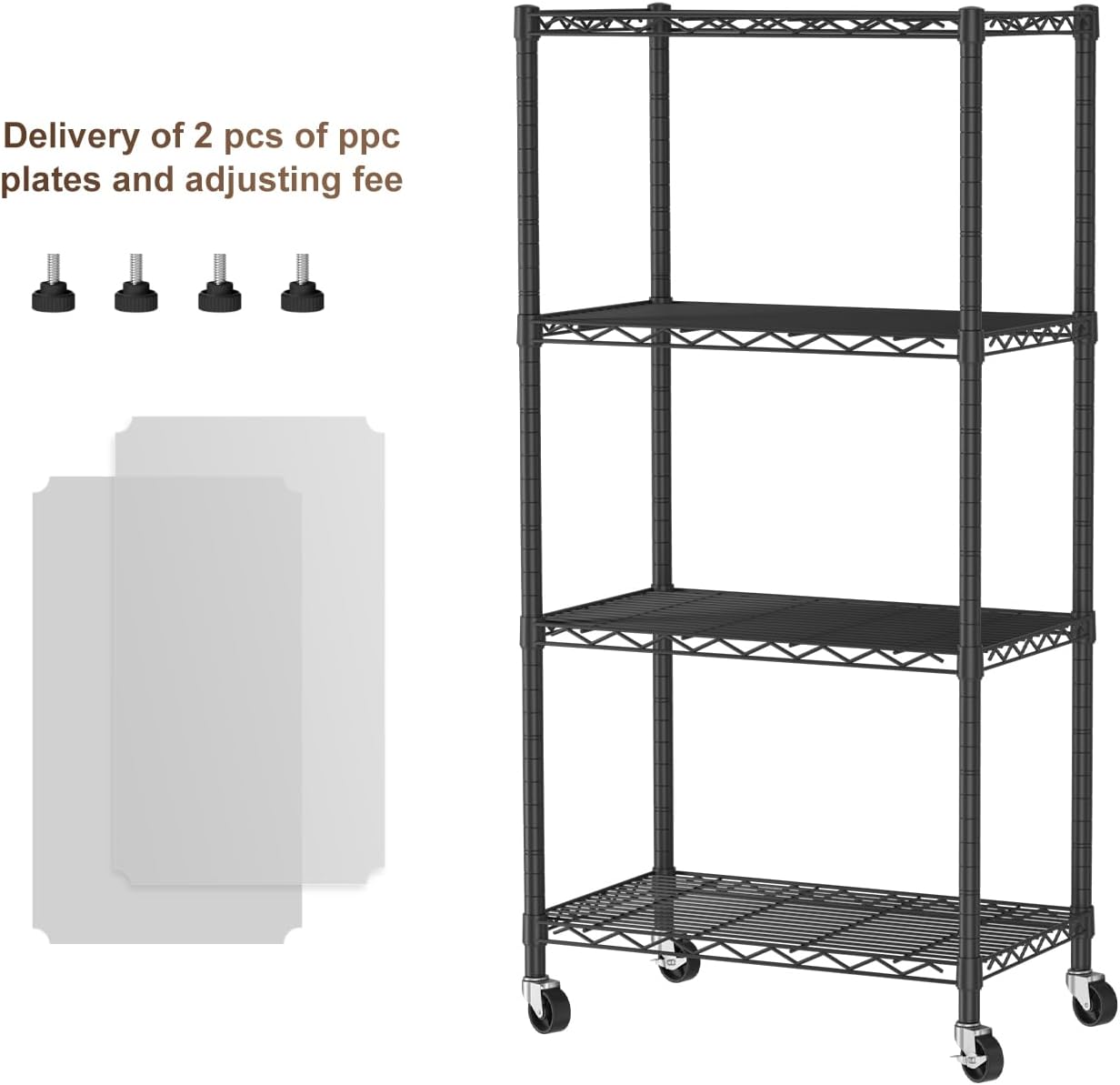 4 Tier Shelves Storage Shelf Wire Closet Bathroom Organizers Metal Pantry Kitchen Garage Shelving Unit Laundry Room Organization Home Rack Net Basket Black with Wheels 14”D X 24”W X 48.9”H