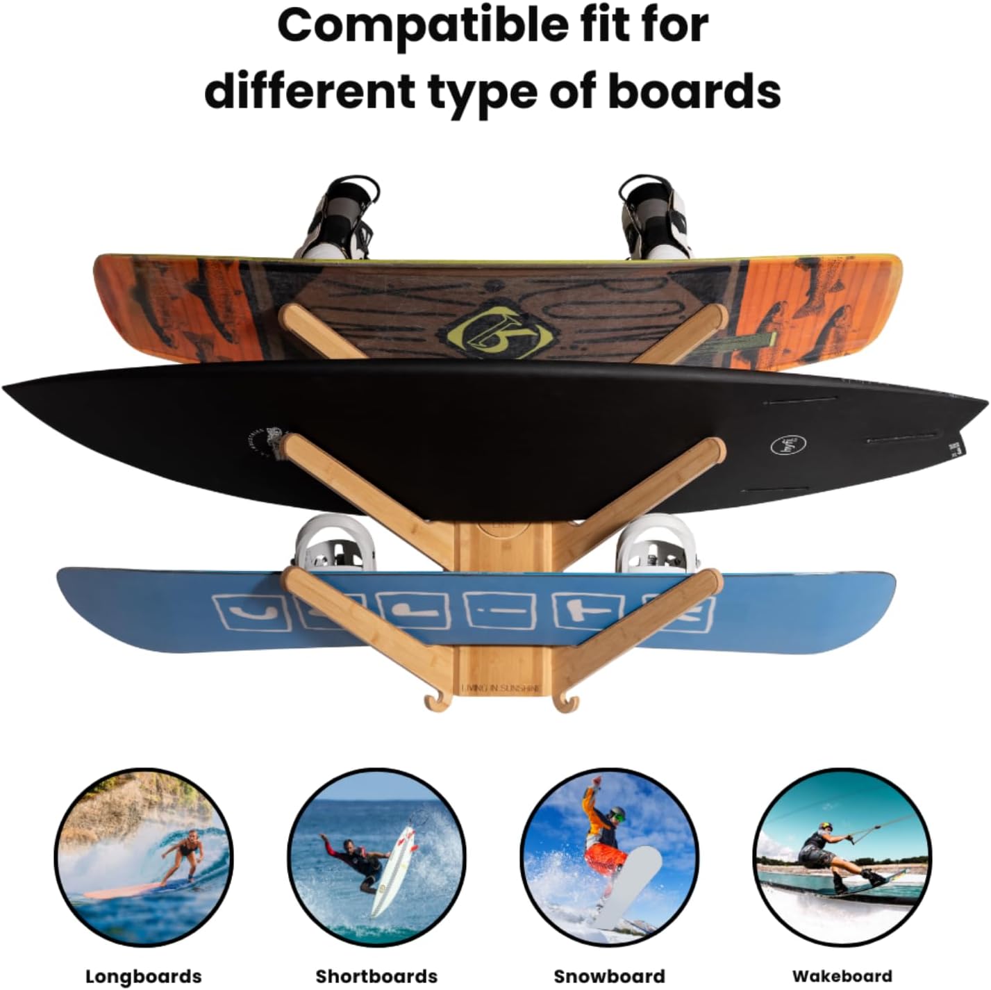 LISS The Sun Rack - Premium Wood Surfboard Wall Mount Rack Display, Ski, Snowboard Holder for 4 Boards for Garage & Home Storage with Built-In Drawer & Hooks for Longboards Shortboards, Wakeboards