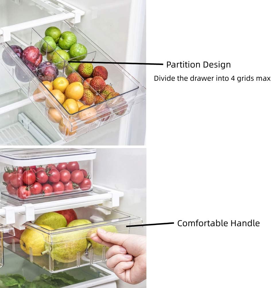 YekouMax Fridge Drawer Organizer, Refrigerator Organizer Bins, Pull Out with Handle, Shelf Holder Storage Box, Clear Container for Food, Drinks, Fit for Fridge Shelf Under 0.6" (1 Pack Medium)