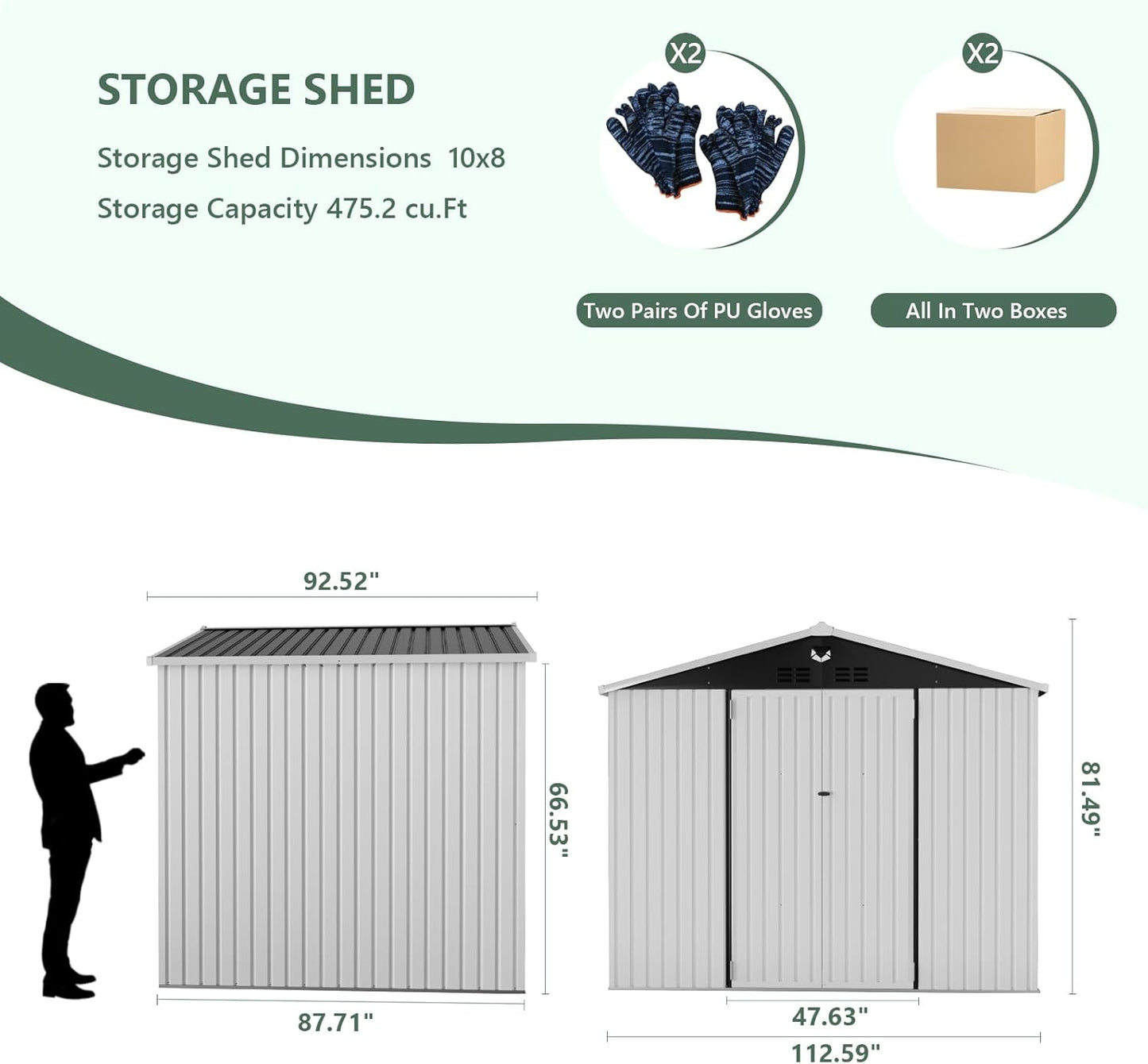 Metal Storage Shed,10x8 Outdoor Storage Building,Large Backyard Sheds with Lockable Doors,Waterproof Outside Storage Sheds，White