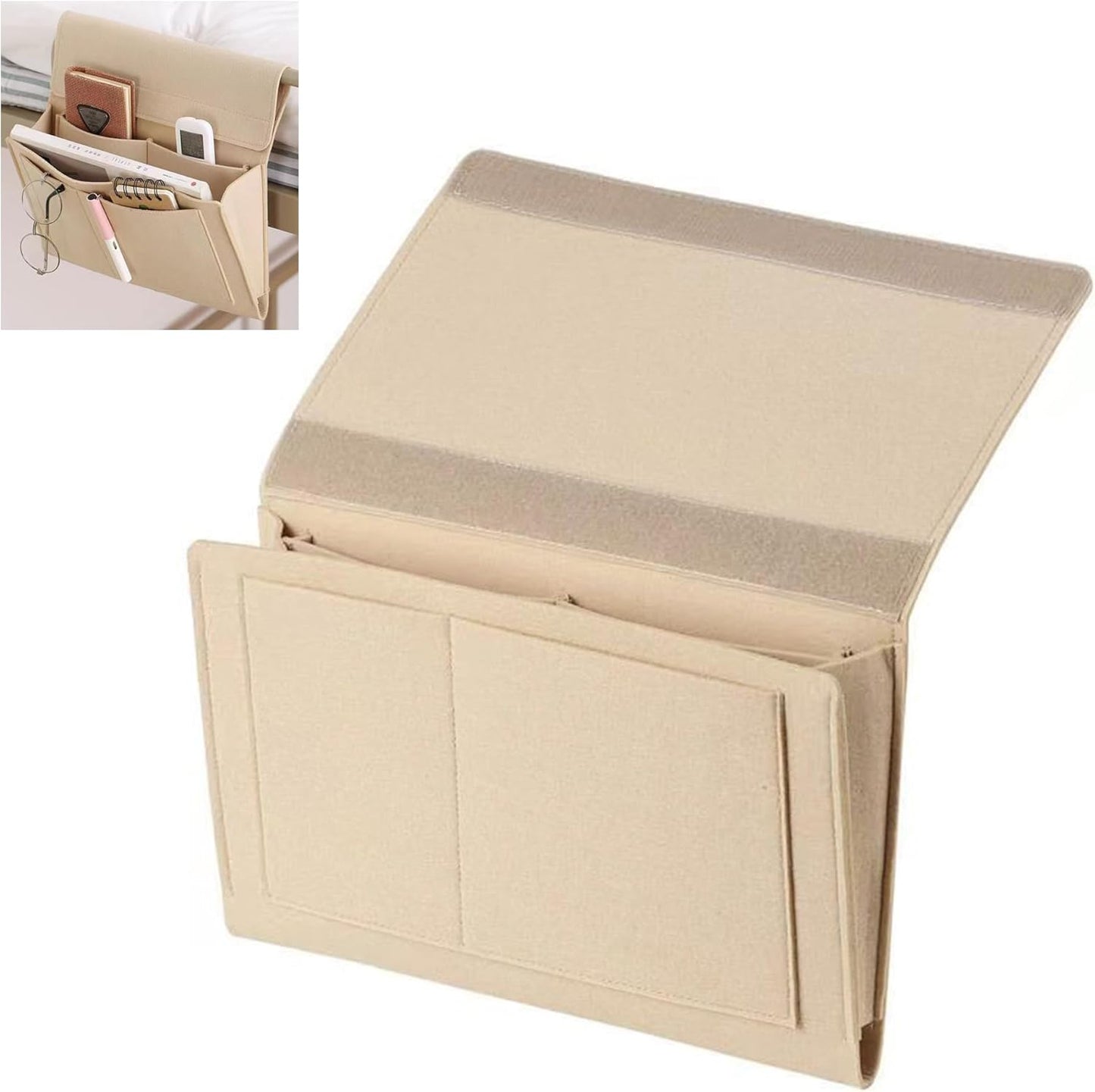 Bedside Caddy, 5 Pockets Felt Bedside Storage Organizer, Hanging Storage Organizer for Home Bedroom Living Room College Dorm Bed Water Bottles, Magazines, Phone, Glasses (Beige)