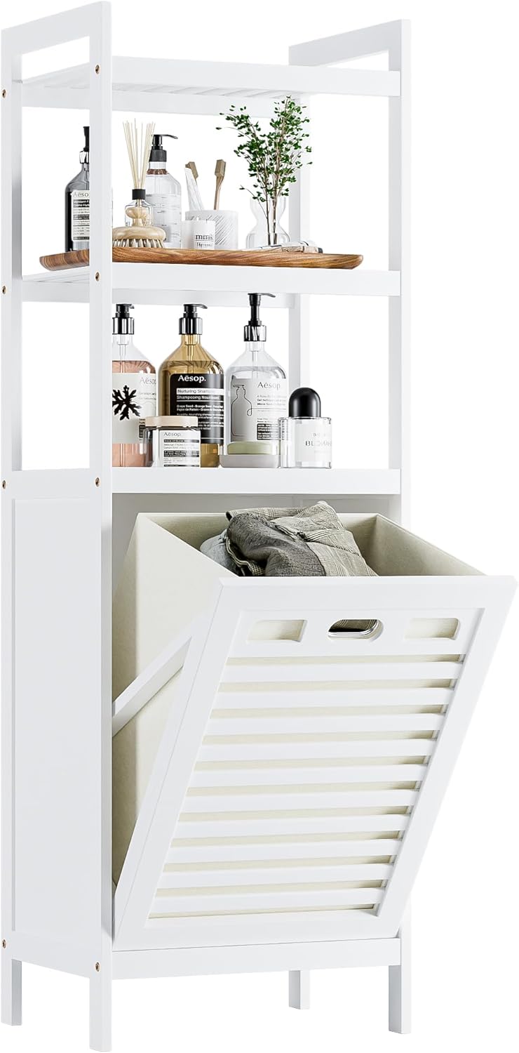 HITNET Bamboo Tilt Out Hamper, Bathroom Laundry Cabinet with Hidden Foldable Basket, Freestanding Clothes Storage Organizer with Storage Shelf, White