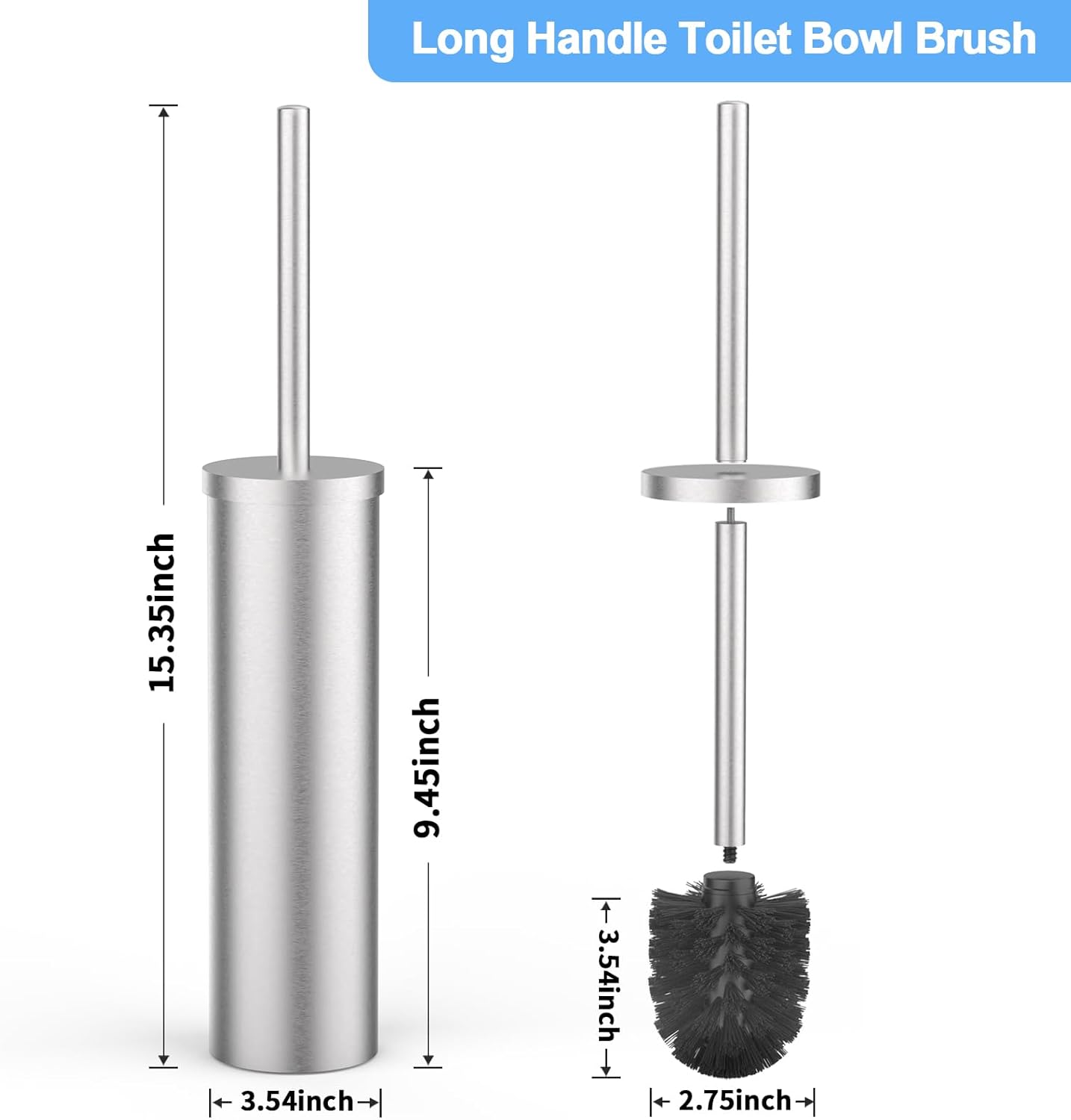Stainless Steel Toilet Brush and Holder Set Brushed Silver Heavy Duty Toilet Bowl Brush with Long Handle for Bathroom and Farmhouse