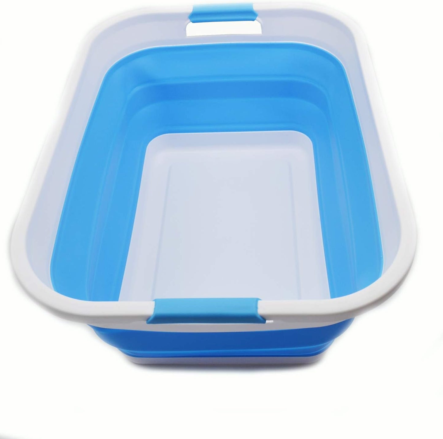 SAMMART 41L (10.8 gallon) Collapsible Plastic Laundry Basket-Foldable Pop Up Storage Container/Organizer-Portable Washing Tub, Water capacity: 32L (8.4 gallon) (Retangular, White/Marine Blue)