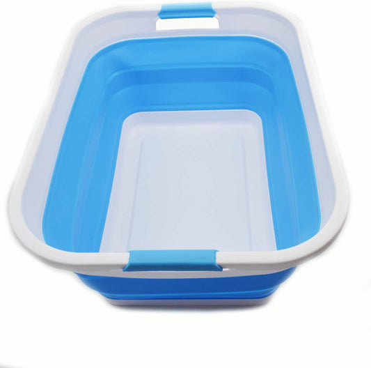 SAMMART 41L (10.8 gallon) Collapsible Plastic Laundry Basket-Foldable Pop Up Storage Container/Organizer-Portable Washing Tub, Water capacity: 32L (8.4 gallon) (Retangular, White/Marine Blue)