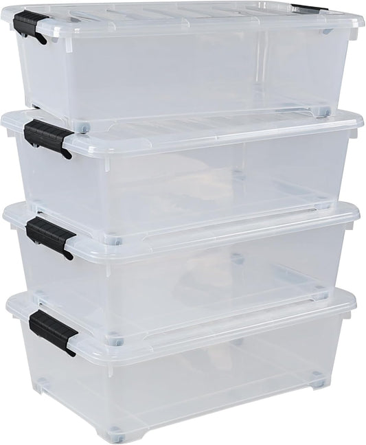 Saedy 20 L Clear Under Bed Storage Bins with Lids, 4 Pack Wheeled Underbed Storage Containers Boxes
