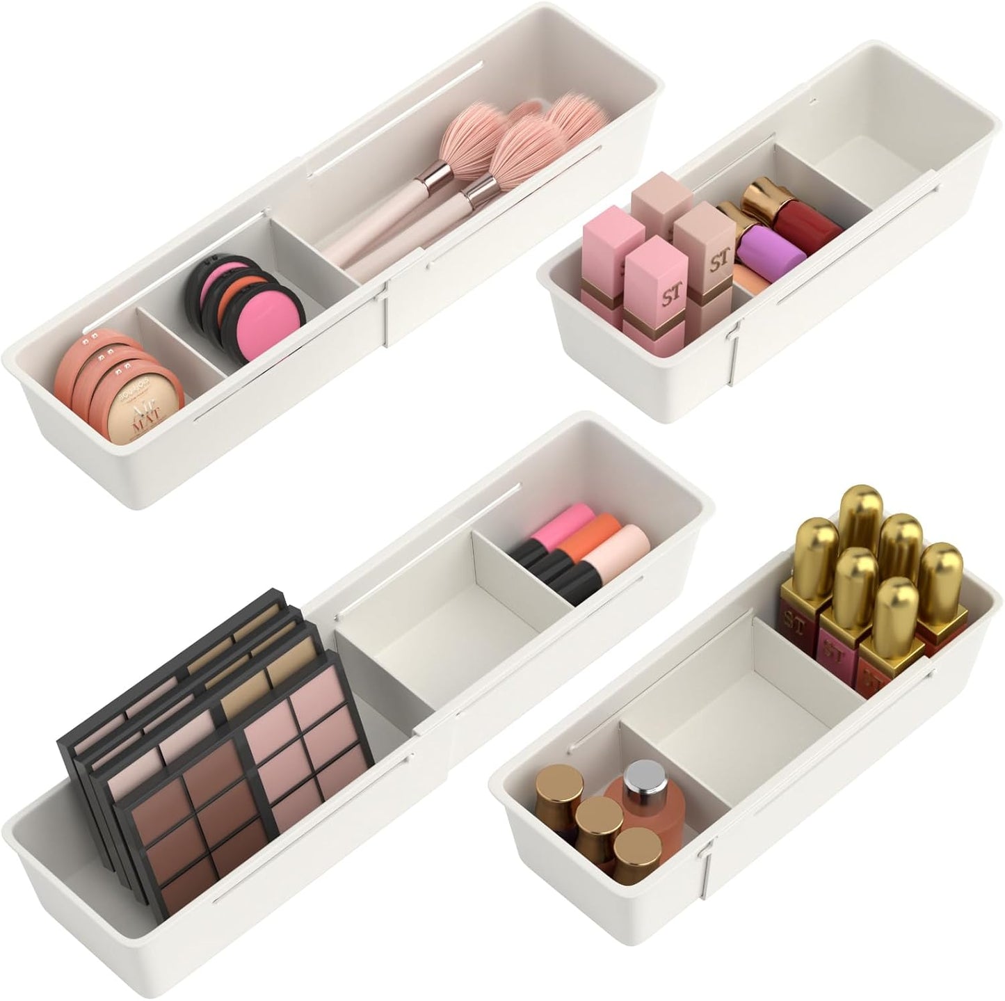Desk Drawer Organizer Tray, 4 Pack Expandable Drawer Organizer with Dividers Adjustable, Bathroom Organizer Bins for Junk, Office, Makeup, Kitchen Utensil