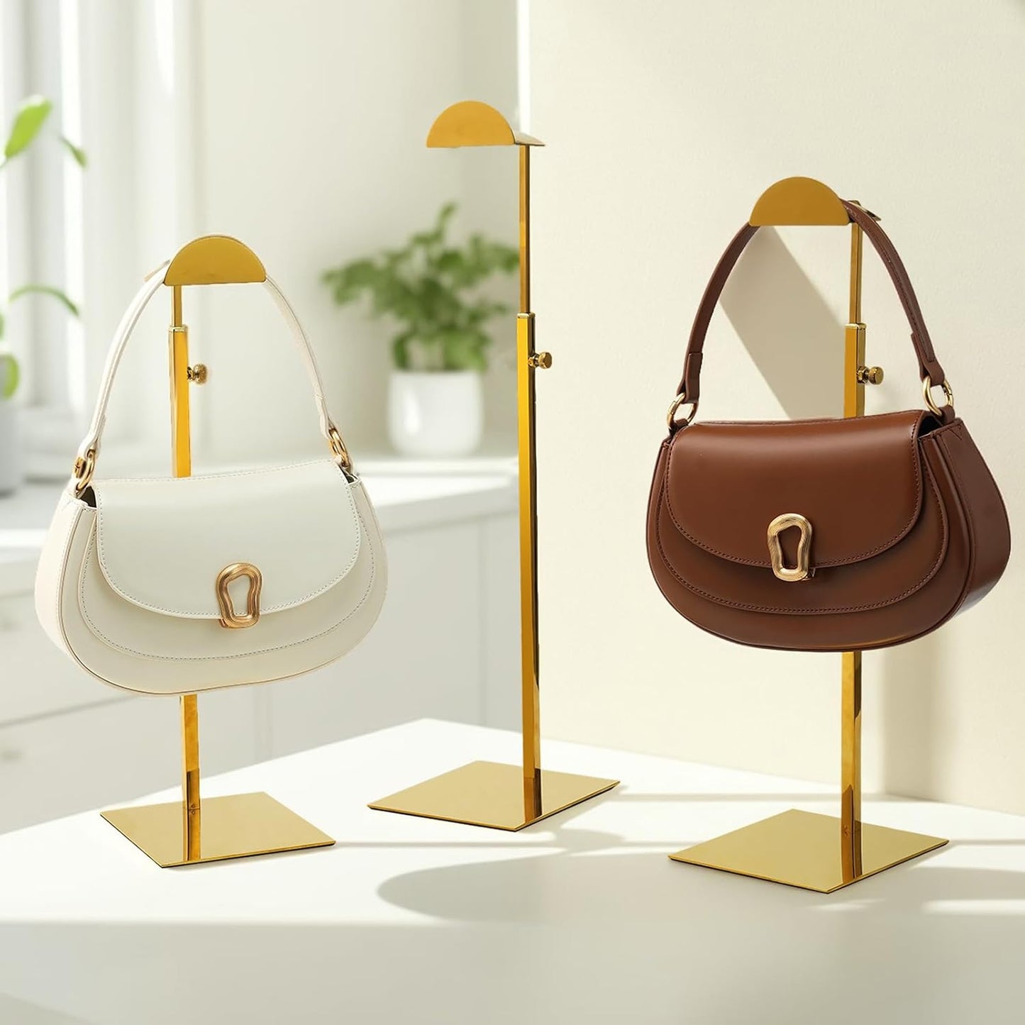Purse Display Stands - 3PCS Stainless Steels Purse Stand Holder Adjustable Height Purse Display for Retail Luxury Bag Organizer Home Store Boutique Retail Closet Gold Color