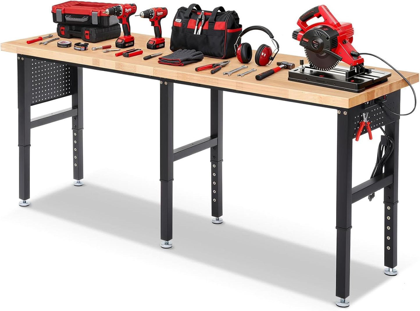 Work Bench 84 x 24 Inch Adjustable Height Rubber Wood Top Work Table 5000 Lbs Load Capacity Workstation with Power Outlets & Extended Pegboard for Garage, Workshop, Home, Office