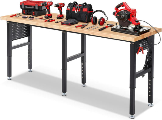 Work Bench 84 x 24 Inch Adjustable Height Rubber Wood Top Work Table 5000 Lbs Load Capacity Workstation with Power Outlets & Extended Pegboard for Garage, Workshop, Home, Office