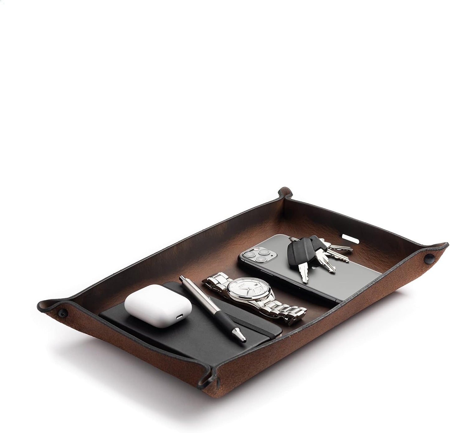 Main Street Forge Leather Valet Tray for Men – Rustic EDC Organizer for Keys, Phone & Wallet – Made in USA – Bootlegger Brown